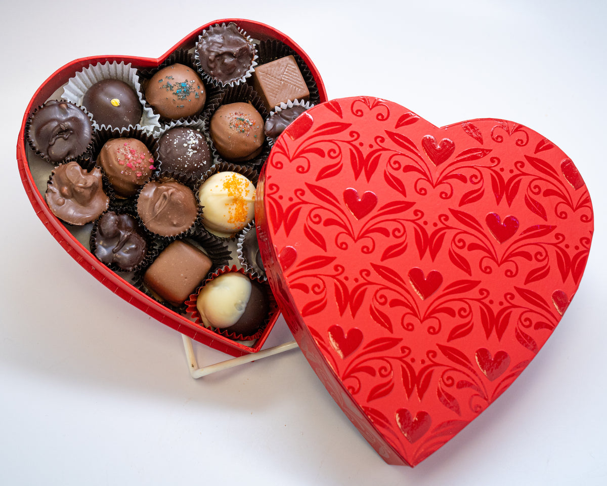 Heart box, shiny red embossed hearts, 8 ounces – Hercules Candy and  Chocolate Shop