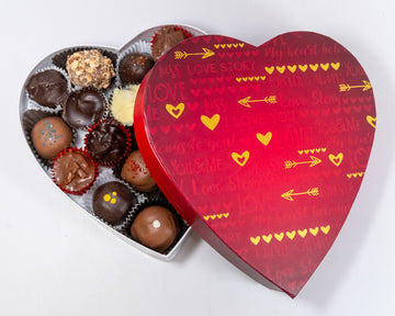 8  ounce red Heart-shaped box of chocolates with gold hearts and arrows