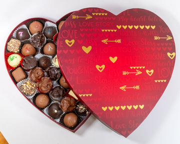 16 ounce red Heart-shaped box of chocolates with gold hearts and arrows