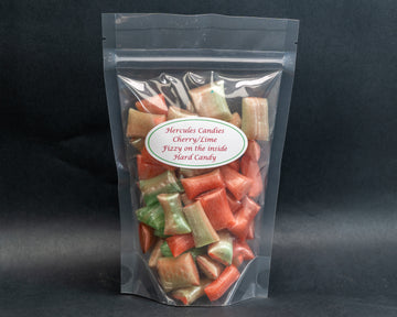 Bag of pink and green Cherry Lime Fizzy on the inside hard candy