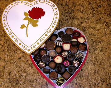 Heart box, white with red foil rose, 16 ounces of chocolate