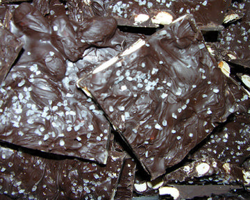 dark chocolate sea salt almond bark close up